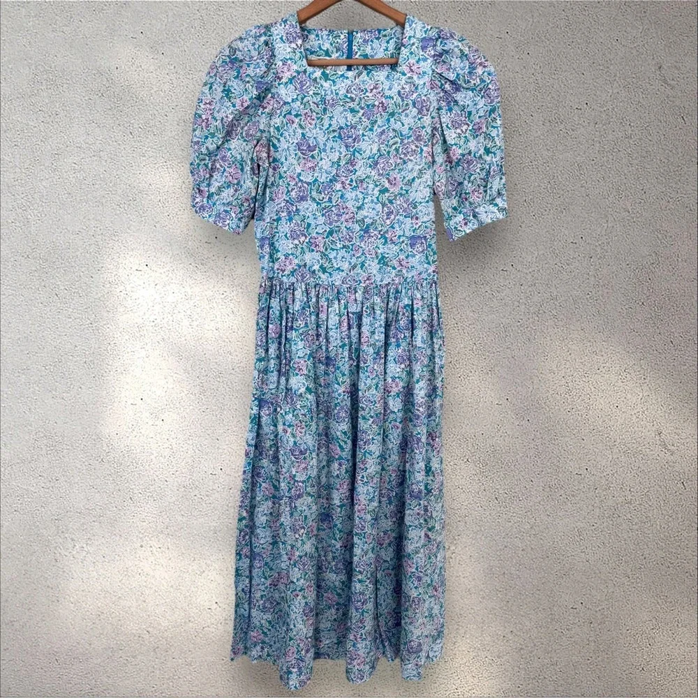Vtg LAURA ASHLEY Floral Puff Sleeve Square Neck Cotton Cottagecore Dress Sz US 6 - Picture 2 of 8